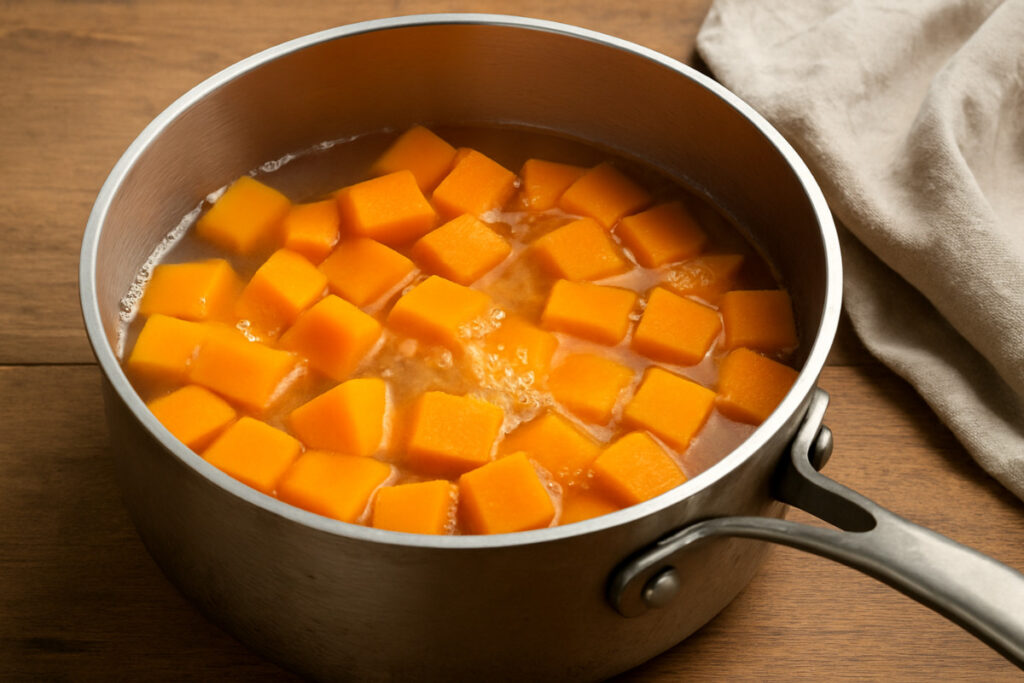   cozinhando abobora para o purê da marmita fitness com carne e legumes