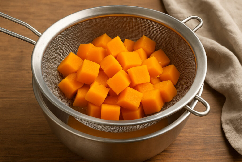 escorrendo abobora o purê .marmita fitness com carne e legumes