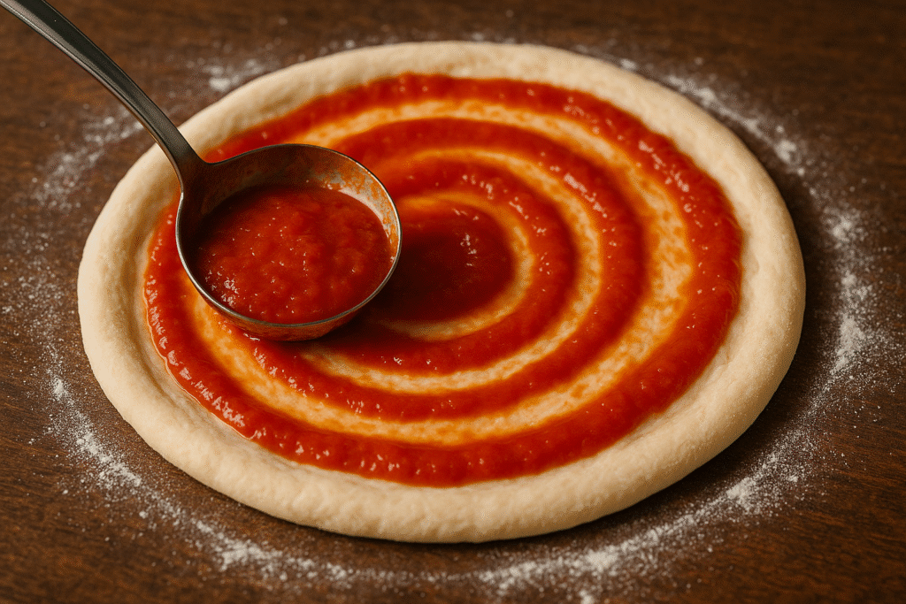 colocando molho de tomate na massa Pizza de Frango com Brócolis
