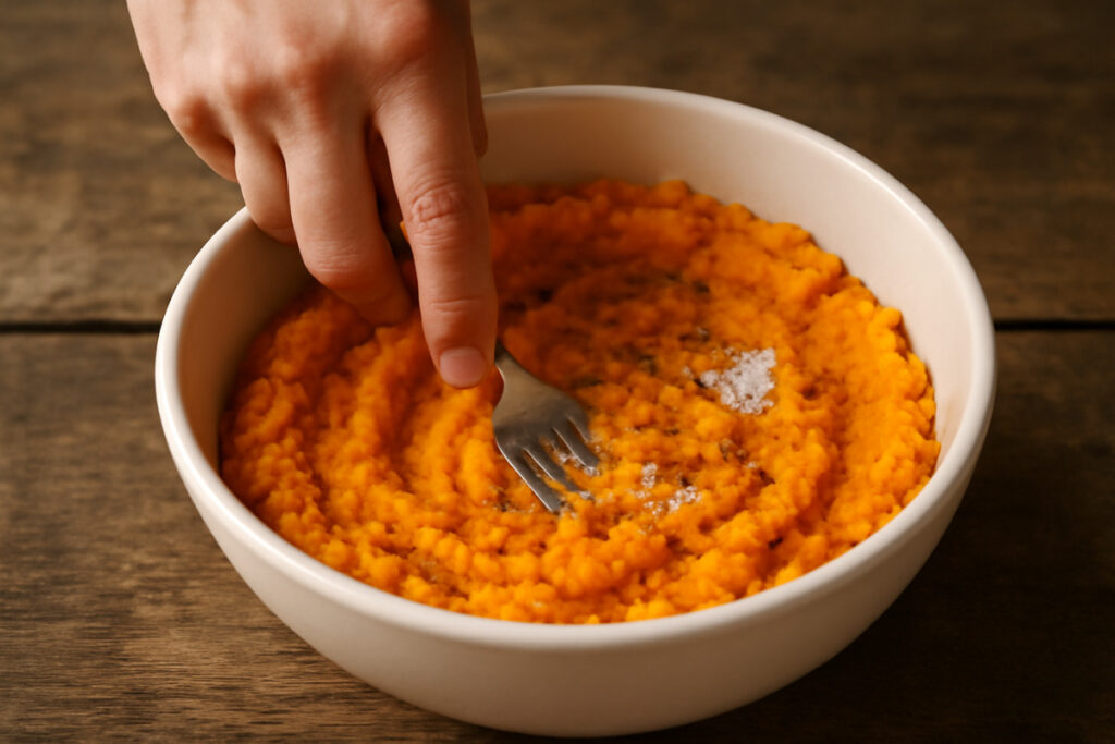 fazendo o purê da receita de marmita fitness com carne e legumes