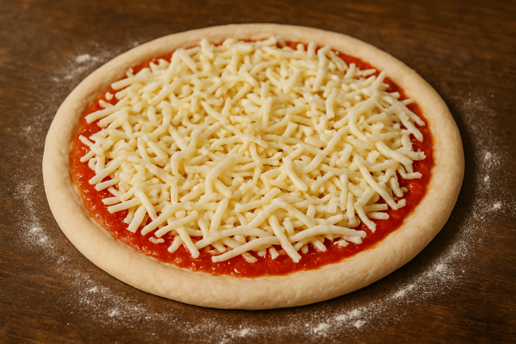 Pizza de Frango com Brócolis colocando queijo na massa