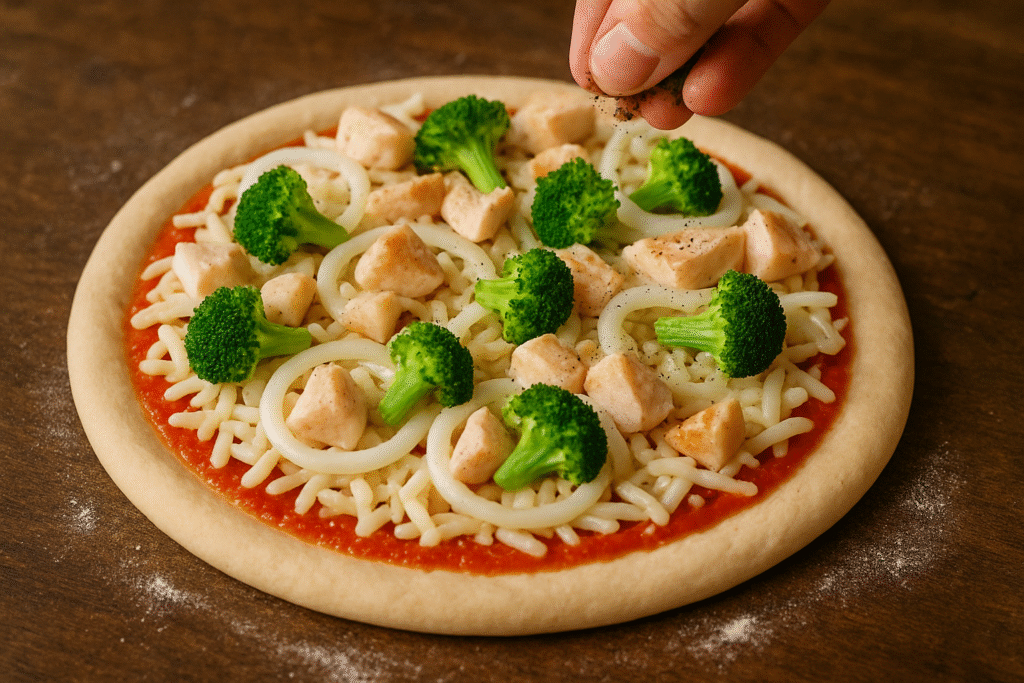 Na seqüência, espalhe os cubos de frango, os floretes de brócolis e as rodelas de cebola. Finalize com orégano e, se desejar, pimenta-do-reino para ter uma Pizza saudável de frango e brócolis perfeita.