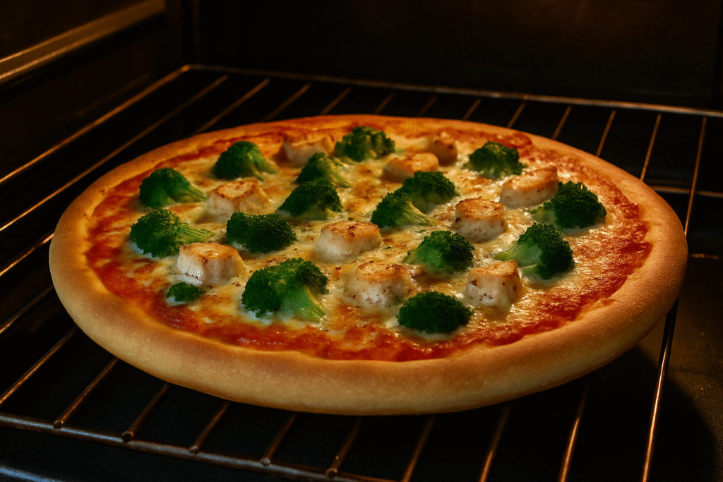 Leve ao forno preaquecido a 220 °C por 15–20 minutos, até dourar levemente as bordas e derreter o queijo por completo e sua Pizza saudável de frango e brócolis estará pronta