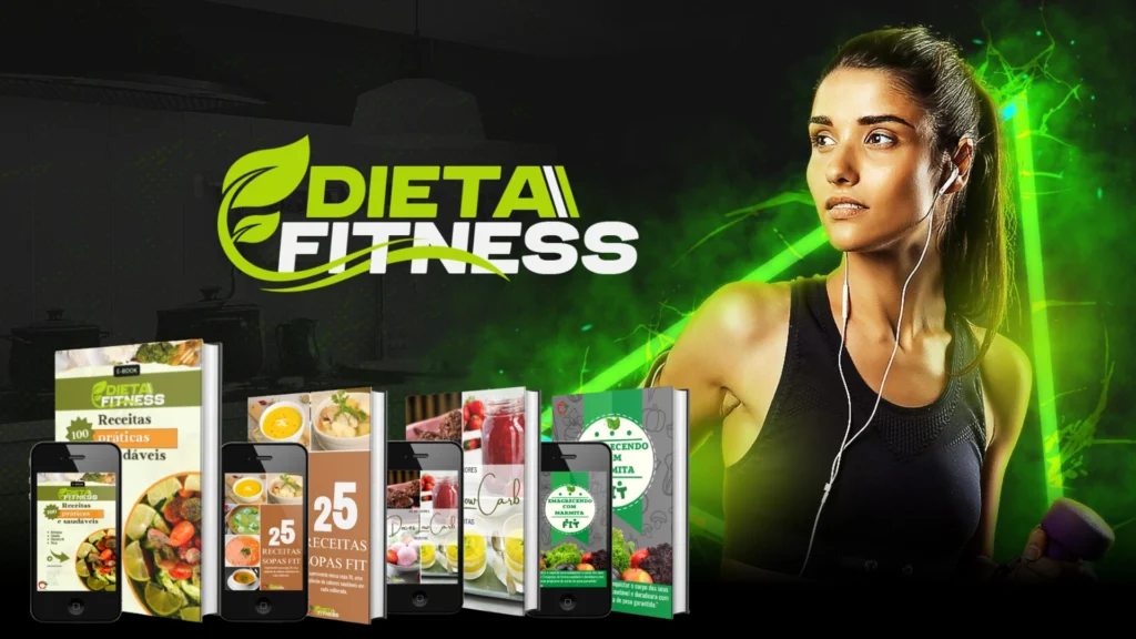 Mulher praticando exercícios com e-books de receitas saudáveis e dicas de emagrecimento ao fundo. Destaque para alimentação fit e vida saudável."
