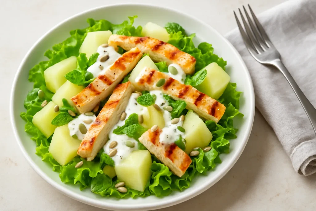 Salada Saudável com Frango para Emagrecer
Salada montada com frango, melão e molho
