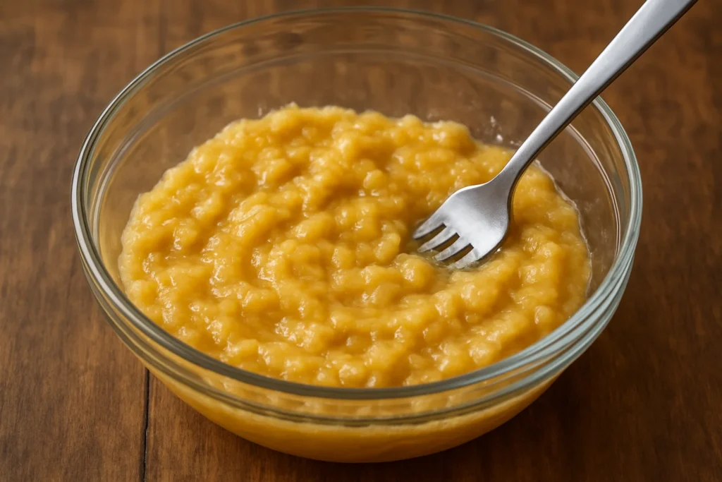 bolo de banana fit com canela e aveia uma tigela, amasse bem as bananas maduras com um garfo até formar um purê liso
