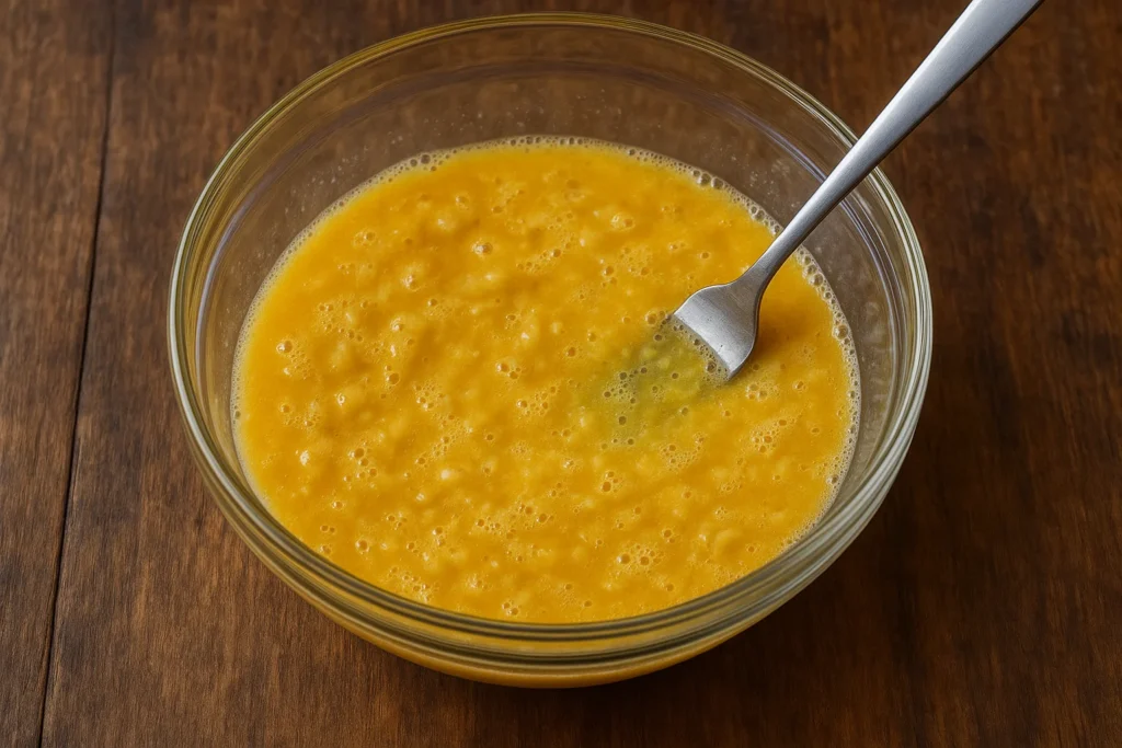 bolo de banana fit com canela e aveia
Logo após, adicione os ovos inteiros à mistura de bananas amassadas e mexa bem até obter uma massa homogênea e bem integrada.