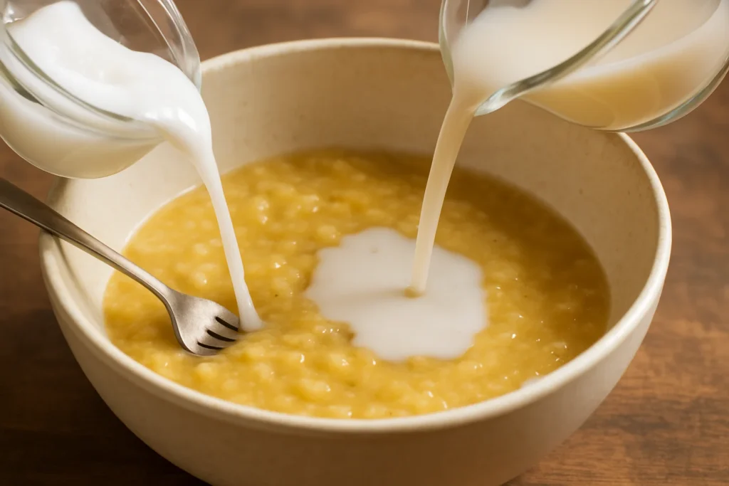 bolo de banana fit com canela e aveia adicione o óleo de coco, o leite vegetal e o mel