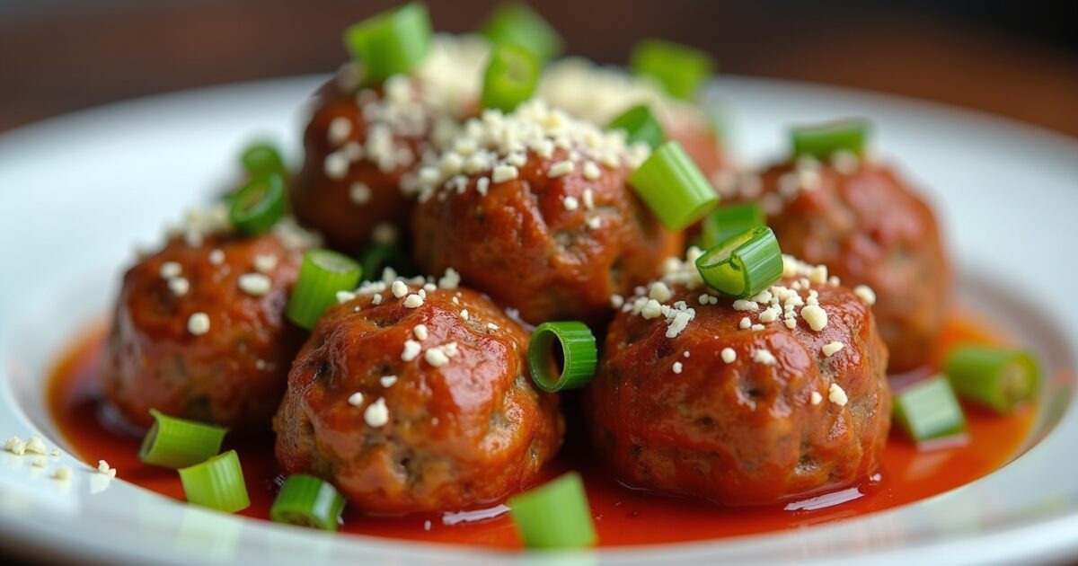 prato decorado com almondega de frango fit com cebolas cheiro verde e molho