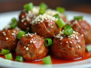 prato decorado com almondega de frango fit com cebolas cheiro verde e molho