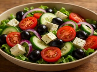 receita de salada mediterrânea ingrediente picados em cubos em uma tigela pepino, alface ,tomate, queijo feta, azeitona