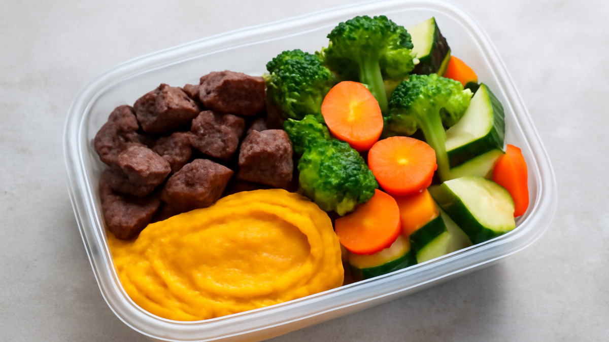 Marmita Fitness: Cubos de Carne com Purê de Abóbora e Legumes