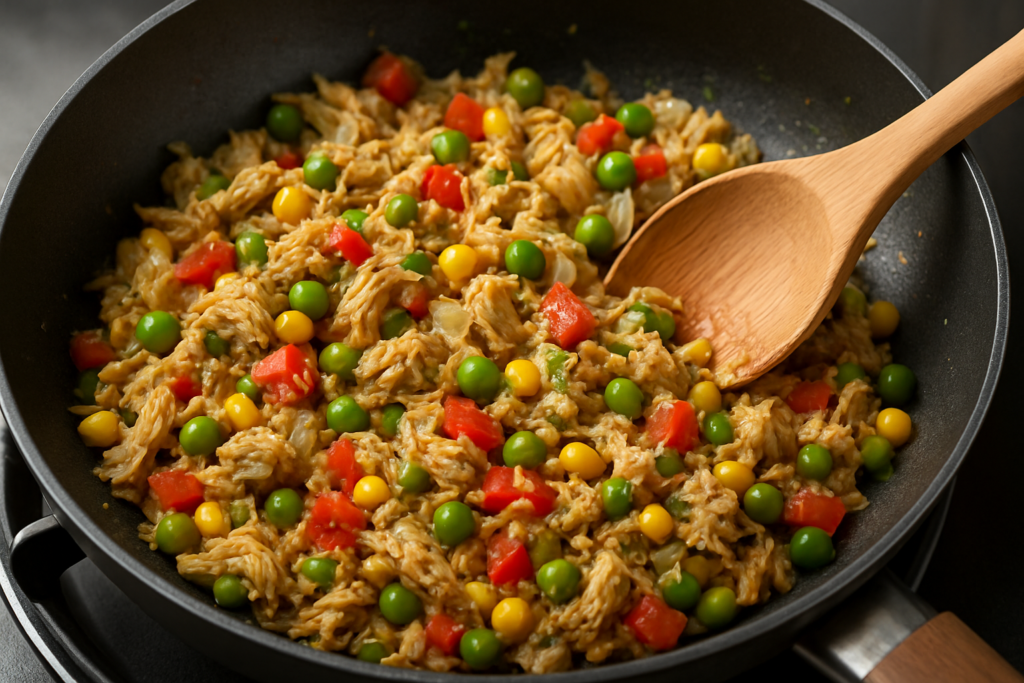 Refogue o frango desfiado com a cebola, tomate, milho, ervilha e salsinha até secar a água. Reserve.