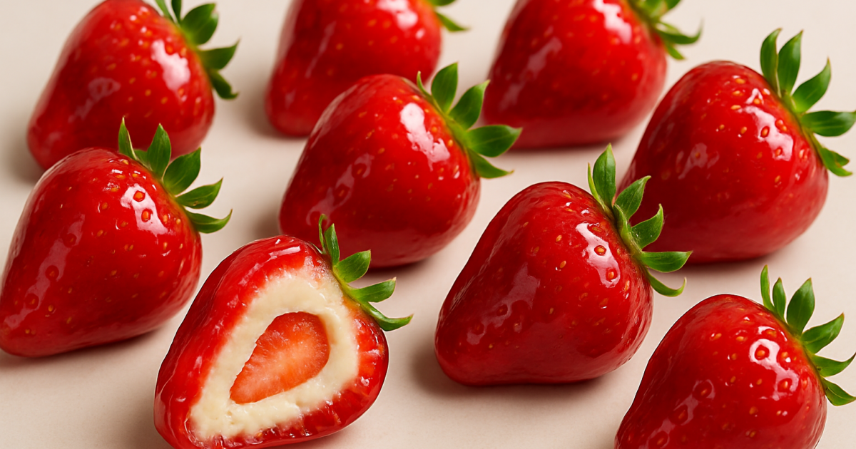 Morangos do amor recheados com brigadeiro branco fit e calda crocante de hibisco.