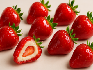 Morangos do amor recheados com brigadeiro branco fit e calda crocante de hibisco.