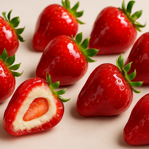Morangos do amor recheados com brigadeiro branco fit e calda crocante de hibisco.