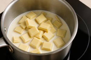 Chocolate branco zero açúcar derretendo com creme de leite vegetal em panela.