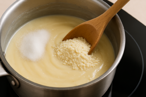 Mistura homogênea de brigadeiro branco com leite de coco em pó e xilitol.