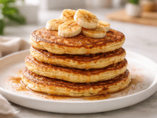 panqueca de banana low carb dourada empilhada com rodelas de banana em prato branco