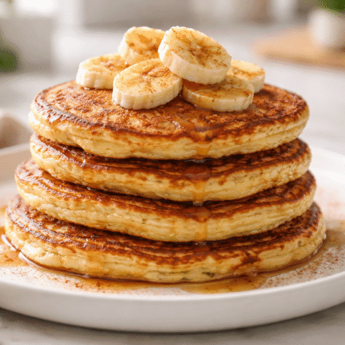 panqueca de banana low carb dourada empilhada com rodelas de banana em prato branco